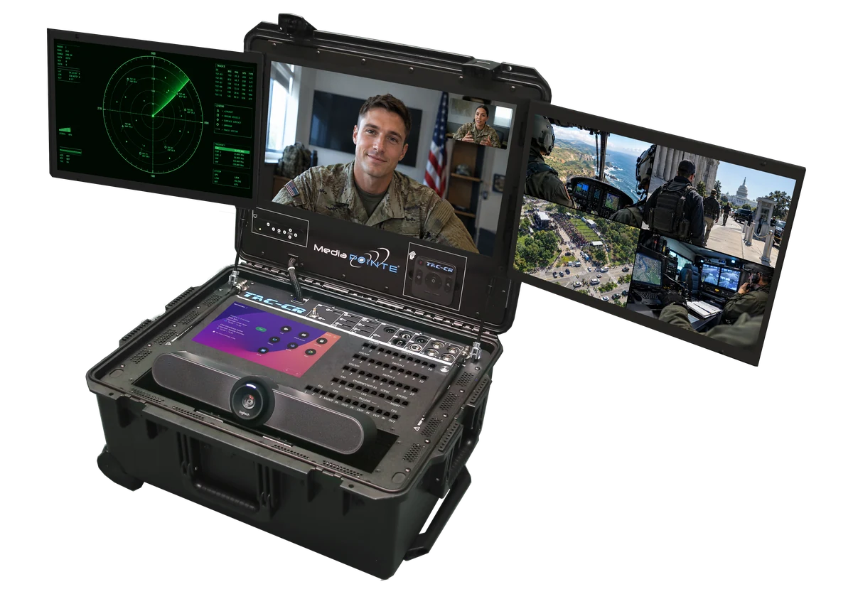 MediaPOINTE TAC-CR3 open, driving three panels showing a live radar picture, a video call with a soldier, and a four-way grid of feeds from a helicopter, a security team on foot, an aerial crowd view and an operations center